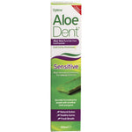 100ml tube of Aloe Dent Fluoride Free Sensitive toothpaste in white and green packaging with a clean minty design.