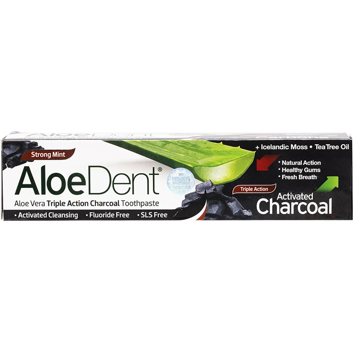 100ml tube of Aloe Dent Triple Action Charcoal Toothpaste on a white background.