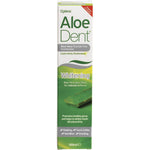 Aloe Dent 100ml fluoride-free whitening toothpaste tube and box with aloe vera, tea tree oil, and silica ingredients.
