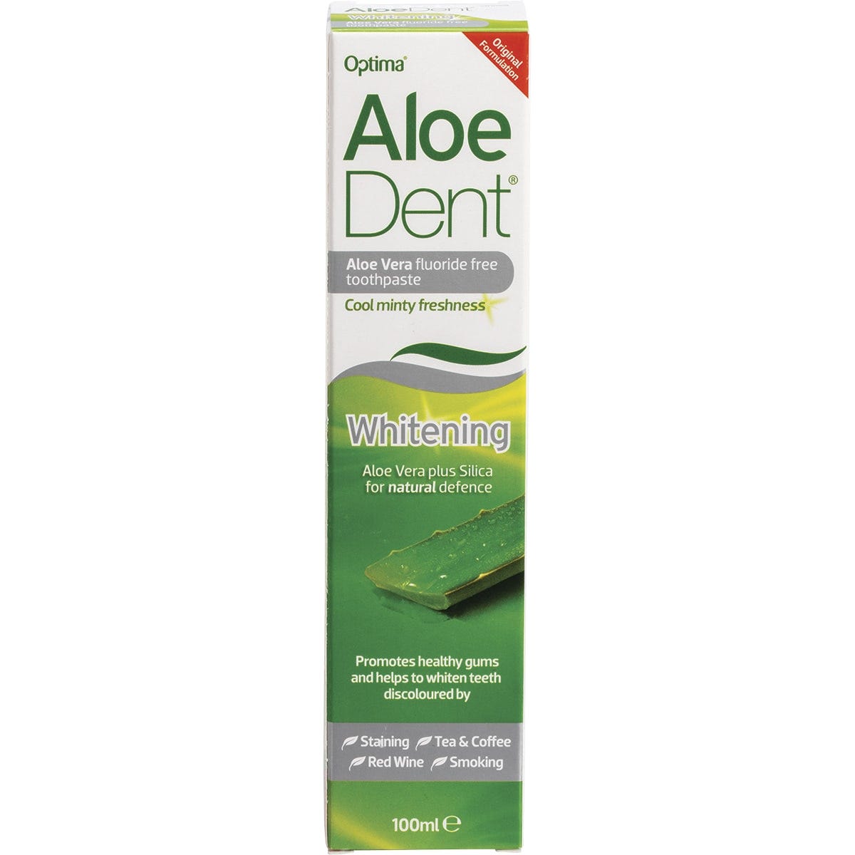 Aloe Dent 100ml fluoride-free whitening toothpaste tube and box with aloe vera, tea tree oil, and silica ingredients.