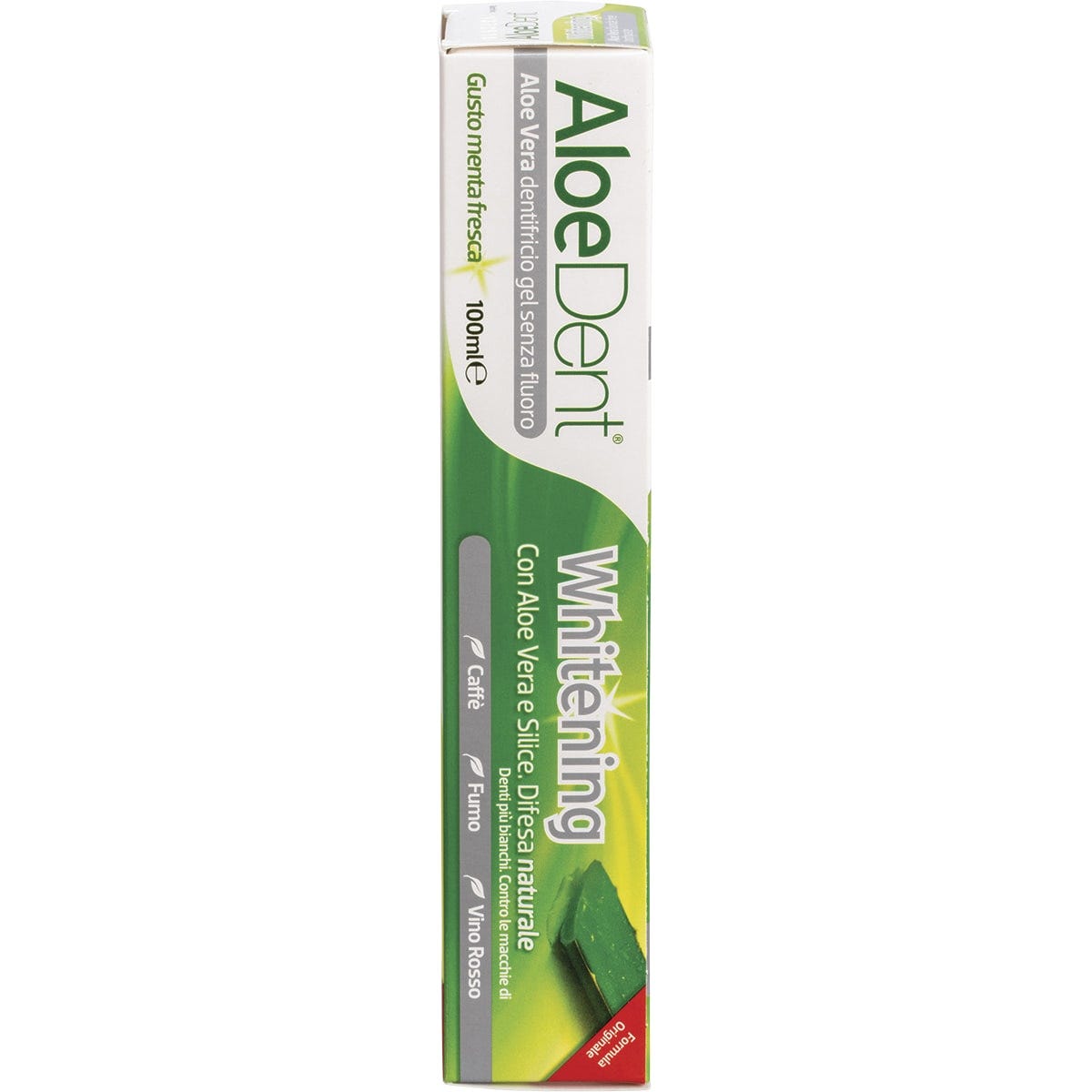 Aloe Dent 100ml fluoride-free whitening toothpaste tube showing ingredients and directions on a white background.