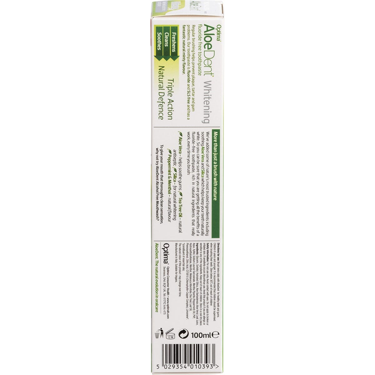 Aloe Dent fluoride-free whitening toothpaste tube featuring aloe vera, tea tree, and silica on a white background.