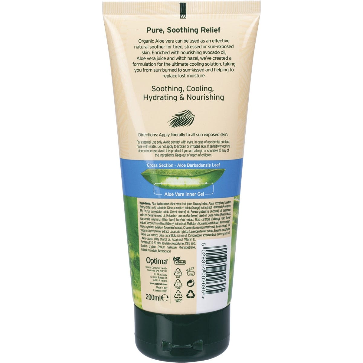 Aloe Pura 200ml after sun lotion tube with organic aloe vera and a green label on a white background.