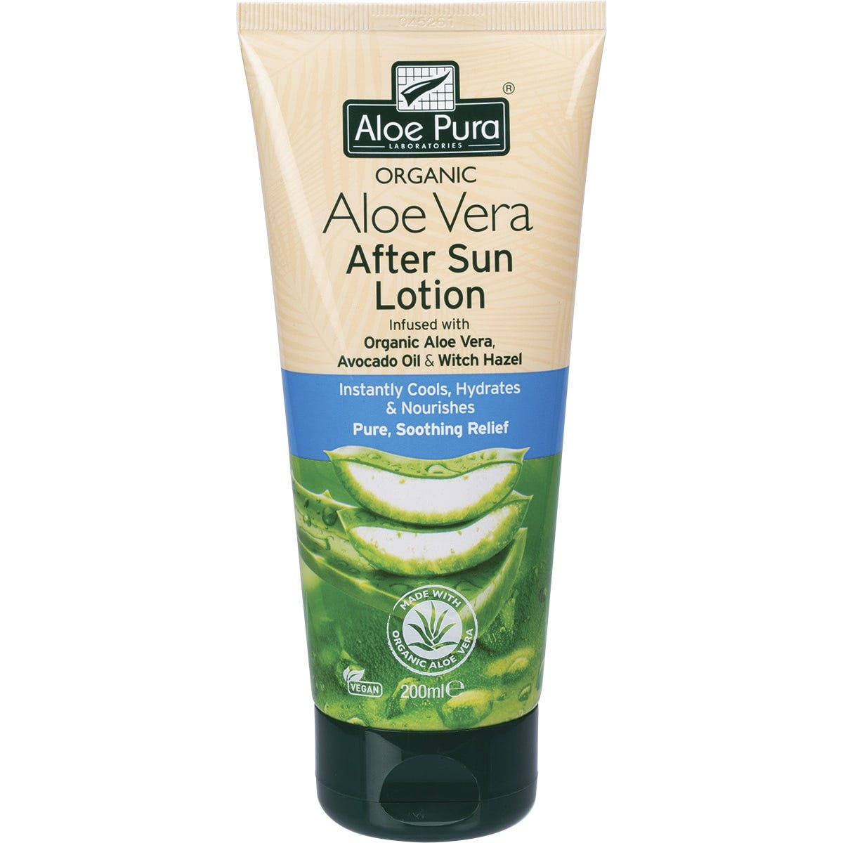 200ml tube of Aloe Pura Aloe Vera After Sun Lotion with a green label and a flip-top lid.