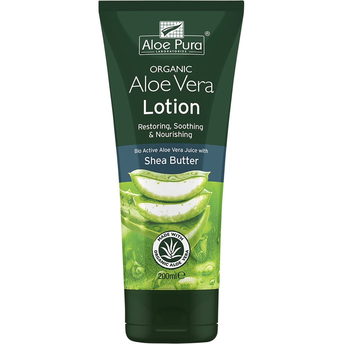 Aloe Pura Aloe Vera Lotion with Shea Butter 200ml tube with green leaf illustrations on a white background.