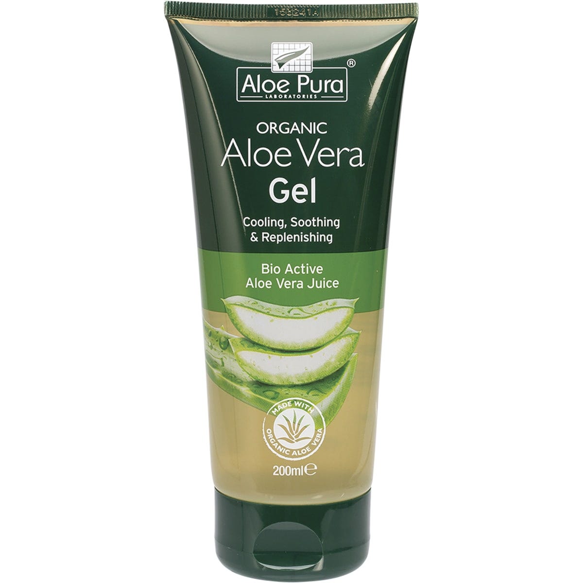 Aloe Pura Organic Aloe Vera Gel 200ml tube featuring a green aloe leaf design on a white background.