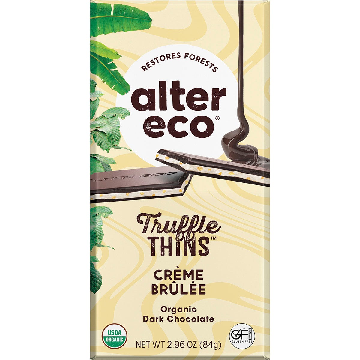 Alter Eco Crème Brûlée Dark Truffle Thins 84g chocolate bar packaging featuring a gold-swirled design.