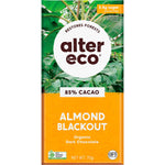 75g bar of Alter Eco Almond Blackout 85% cacao organic dark chocolate with roasted almonds on a white background.