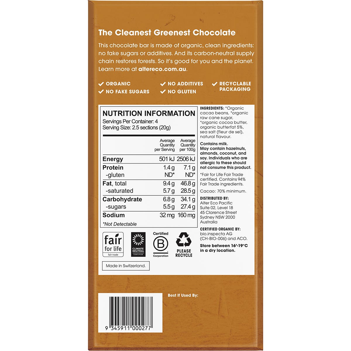 Alter Eco Organic Dark Brown Butter 80g chocolate bar in its yellow and brown wrapper on a white background.