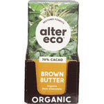 Back of Alter Eco Organic Dark Brown Butter 80g chocolate bar wrapper showing nutrition facts and organic ingredients.