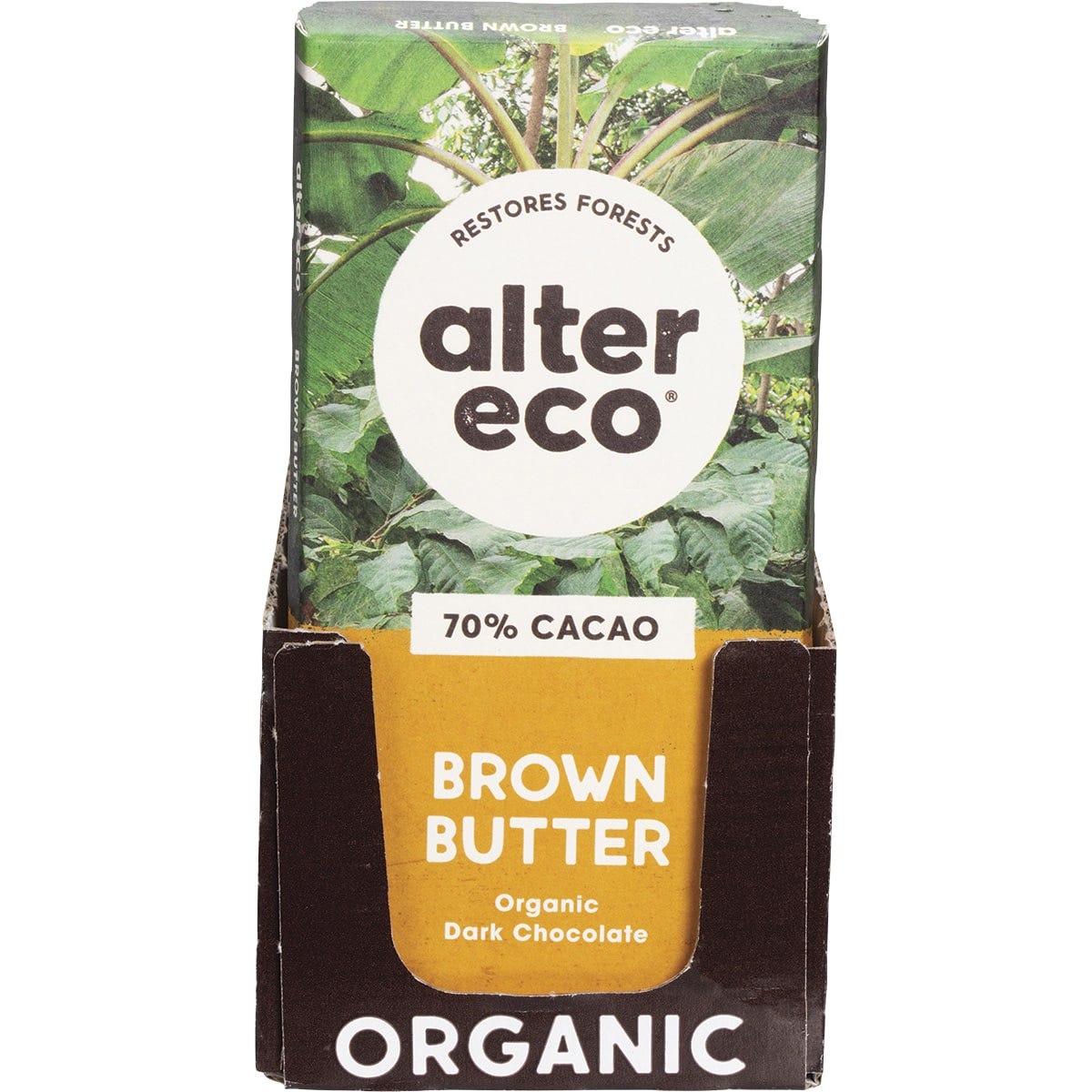 Back of Alter Eco Organic Dark Brown Butter 80g chocolate bar wrapper showing nutrition facts and organic ingredients.