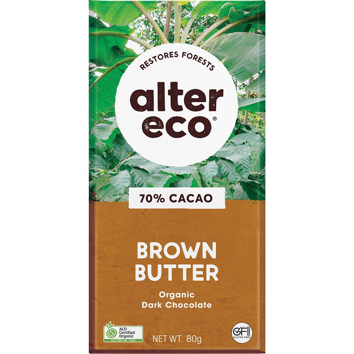 Alter Eco Organic Dark Brown Butter 80g chocolate bar 12-pack box with a single bar resting against it.