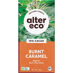 Alter Eco Organic Dark Burnt Caramel 80g chocolate bar in a 12-pack box with a 70% cacao dark chocolate wrapper.