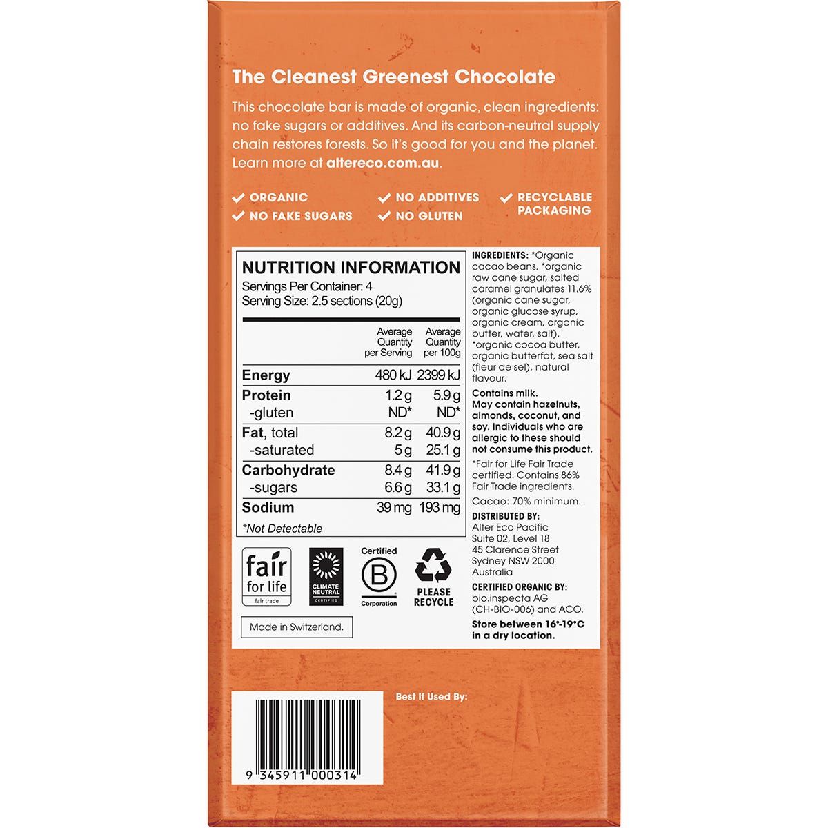 Alter Eco Organic Dark Burnt Caramel 80g chocolate bar with 70% cacao dark chocolate wrapper.