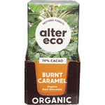 Alter Eco Organic Dark Burnt Caramel 80g chocolate bar with 70% cacao dark chocolate wrapper on a white background.