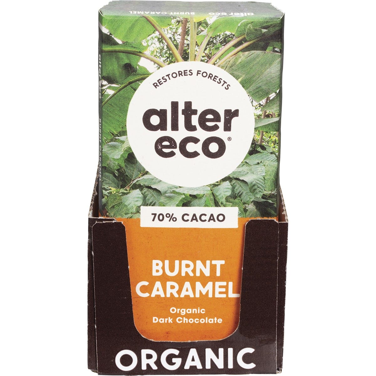 Alter Eco Organic Dark Burnt Caramel 80g chocolate bar with 70% cacao dark chocolate wrapper on a white background.