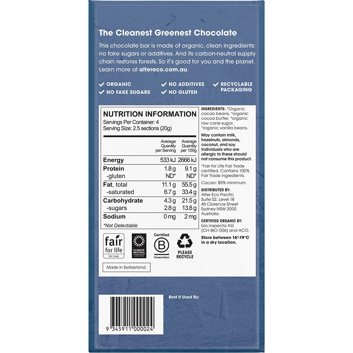 Single 80g bar of Alter Eco Organic Dark Classic Blackout chocolate with a black and gold wrapper.