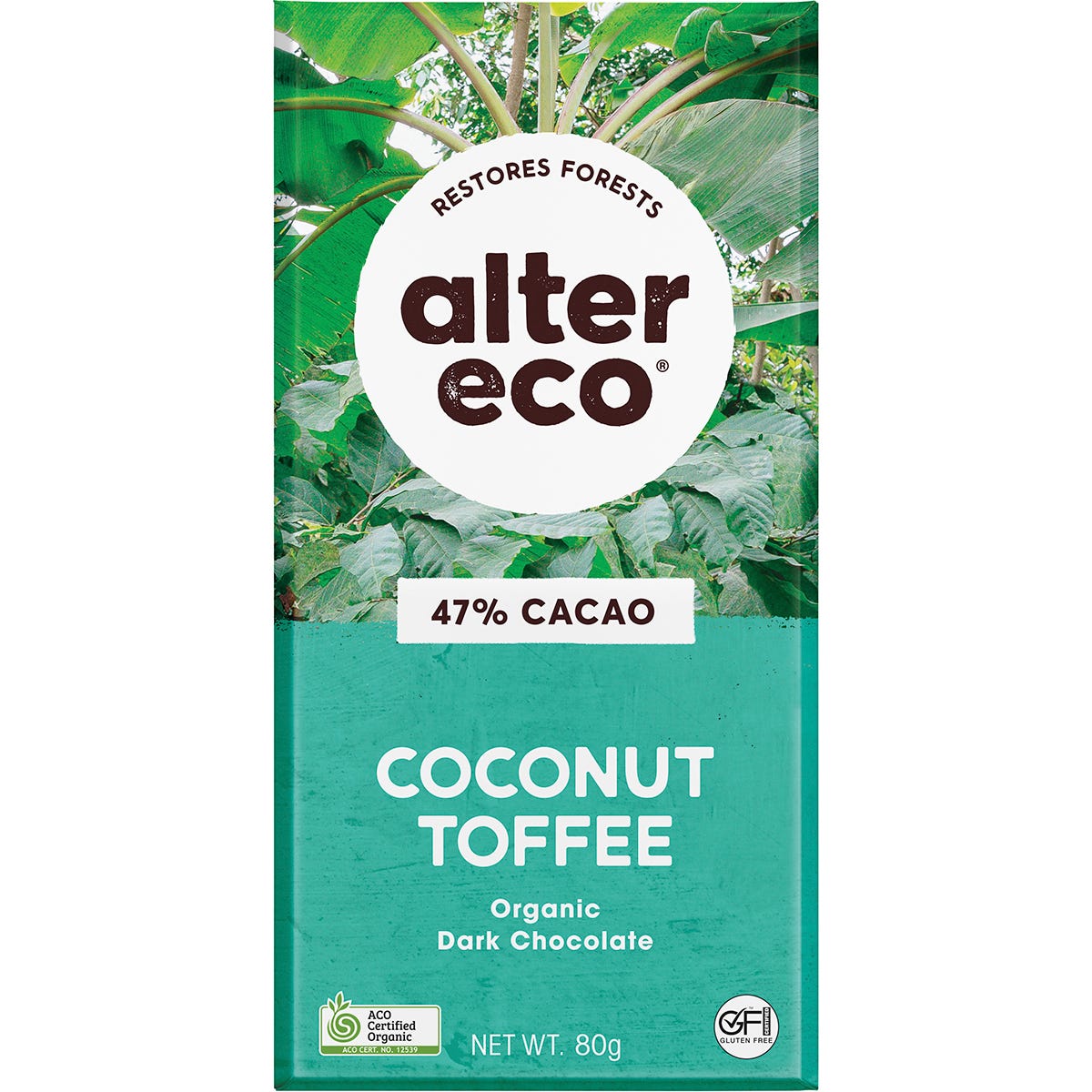 Alter Eco 80g Organic Dark Coconut Toffee chocolate bar in a 12-pack box on a white background.
