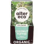 80g bar of Alter Eco Organic Dark Coconut Toffee chocolate with a green and brown label on a white background.