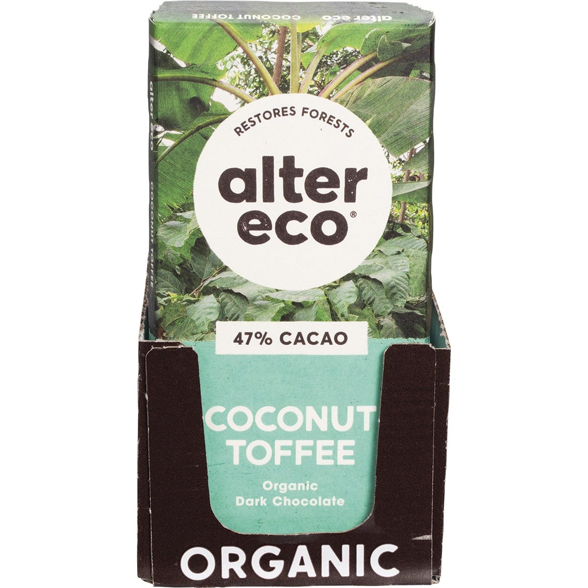 80g bar of Alter Eco Organic Dark Coconut Toffee chocolate with a green and brown label on a white background.