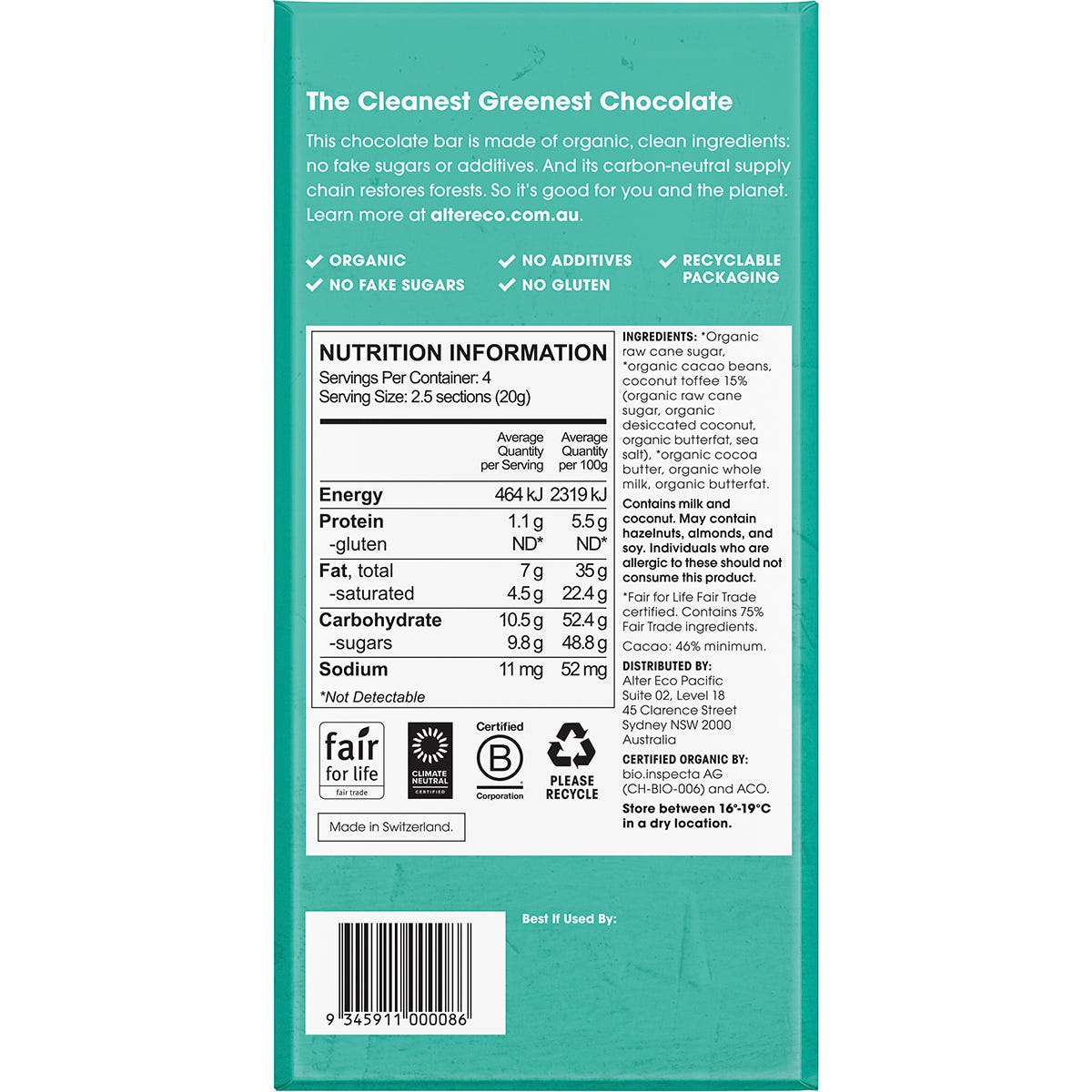 Alter Eco 80g Organic Dark Coconut Toffee chocolate bar shown in its green and brown wrapper on a white background.