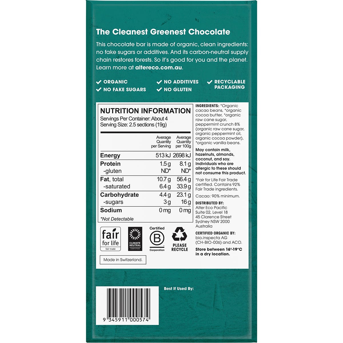 Alter Eco 75g Organic Dark Mint Blackout chocolate bar in dark green packaging with peppermint leaves.