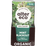 Alter Eco Organic Dark Mint Blackout 75g chocolate bar in dark green packaging on a white background.