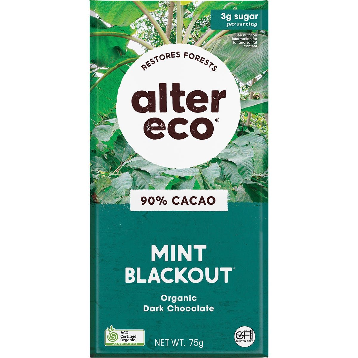 12-pack of Alter Eco Organic Dark Mint Blackout chocolate bars, 75g each, featuring 90% cacao and peppermint.