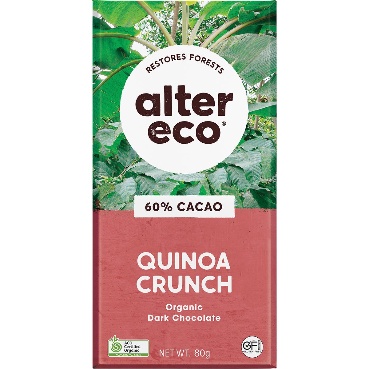 Alter Eco Organic Dark Quinoa Crunch 80g dark chocolate bar with 60% cacao in a red and dark brown wrapper.