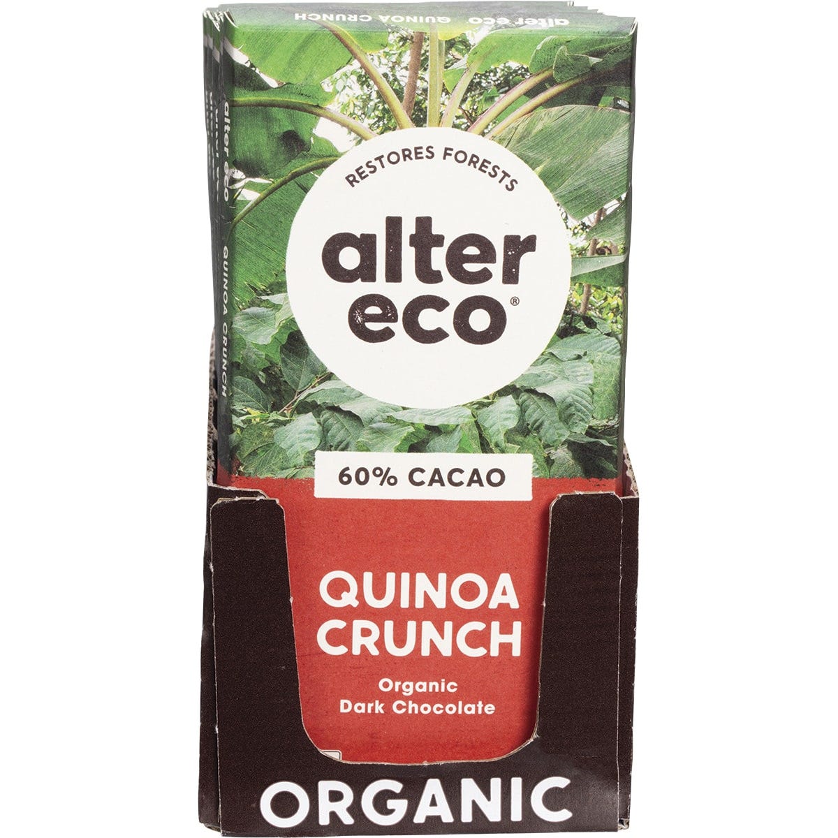 80g bar of Alter Eco Organic Dark Quinoa Crunch chocolate with a red and brown label on a white background.