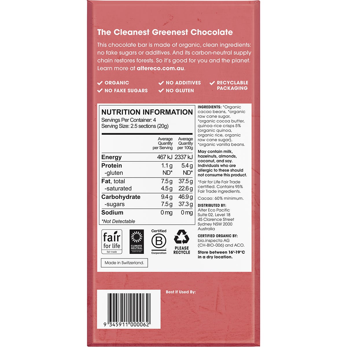 Alter Eco Organic Dark Quinoa Crunch 80g chocolate bar in a red wrapper, showing ingredients like 60% cacao and quinoa.