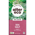 Alter Eco Organic Dark Sea Salt 80g chocolate bar in a 12-pack box on a white background.