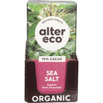 80g bar of Alter Eco Organic Dark Sea Salt chocolate in a dark blue wrapper shown from a side angle.