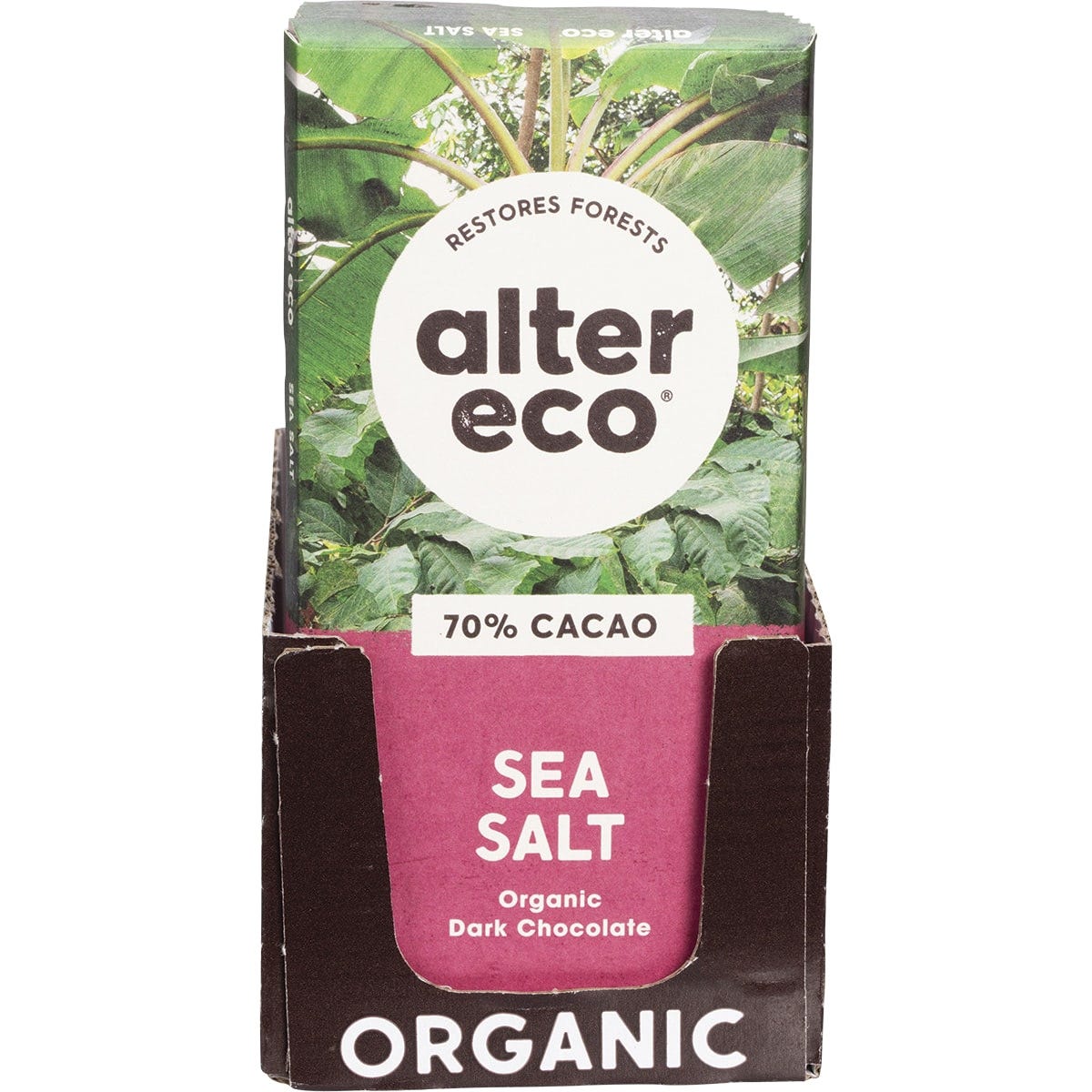 80g bar of Alter Eco Organic Dark Sea Salt chocolate in a dark blue wrapper shown from a side angle.