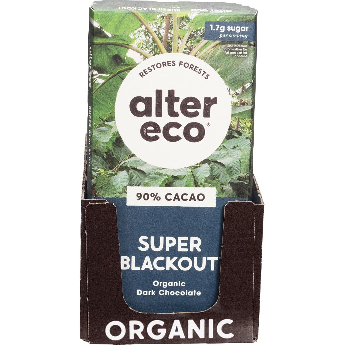 75g bar of Alter Eco Organic Dark Super Blackout 90% cacao chocolate in a dark wrapper on a white background.