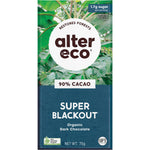 Twelve 75g bars of Alter Eco Organic Super Blackout 90% dark chocolate in a display box on a white background.