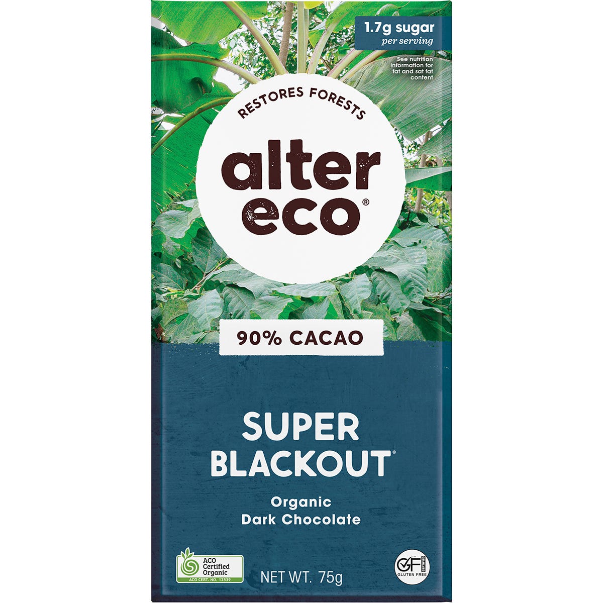 Twelve 75g bars of Alter Eco Organic Super Blackout 90% dark chocolate in a display box on a white background.