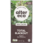 Pack of 12 Alter Eco Organic Dark Total Blackout 75g chocolate bars in black wrappers.