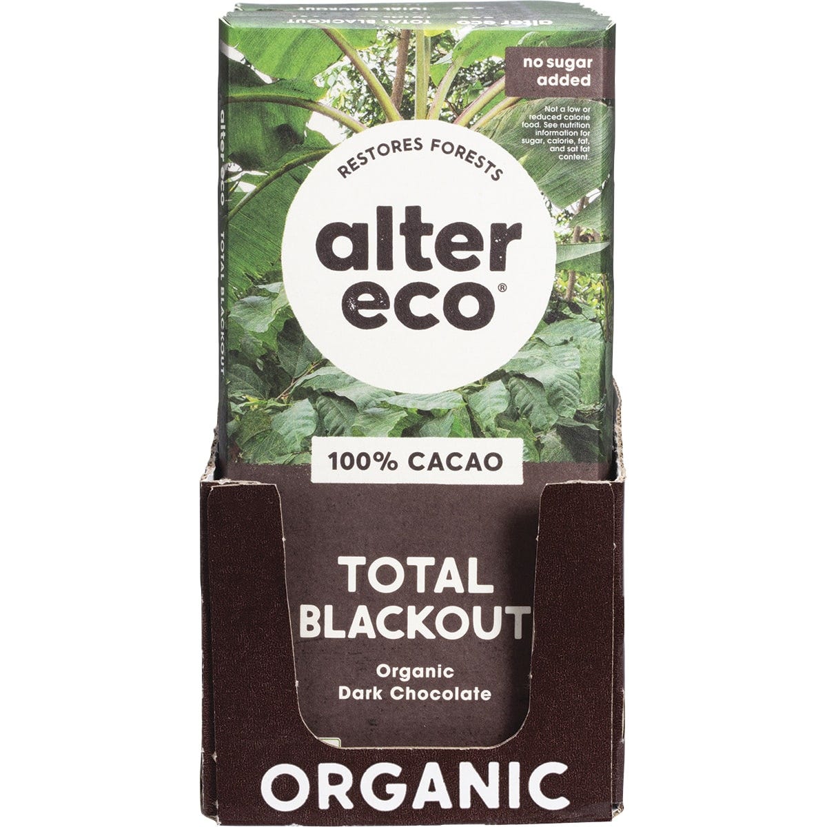 75g Alter Eco Organic Dark Total Blackout chocolate bar in a black and gold wrapper on a white background.