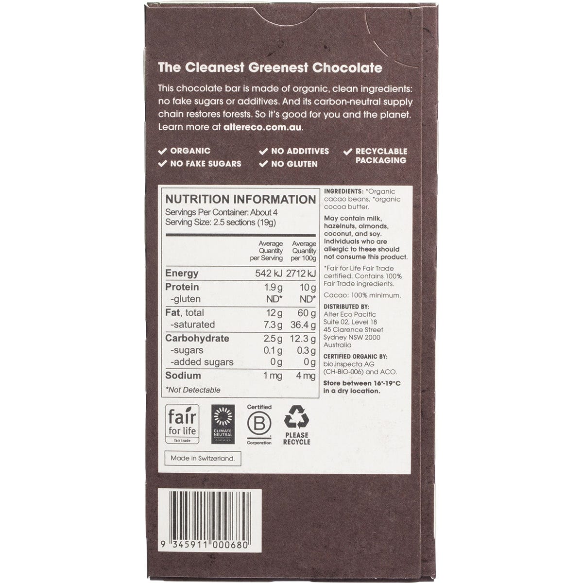 Alter Eco Organic Dark Total Blackout 75g chocolate bar in a black and gold wrapper on a white background.