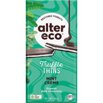 Alter Eco Organic Mint Creme Dark Truffle Thins 84g box and chocolate pieces with creamy mint filling.