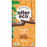 Box of 12 Alter Eco Organic Salted Caramel Dark Truffle Thins 84g featuring a dark chocolate caramel design.