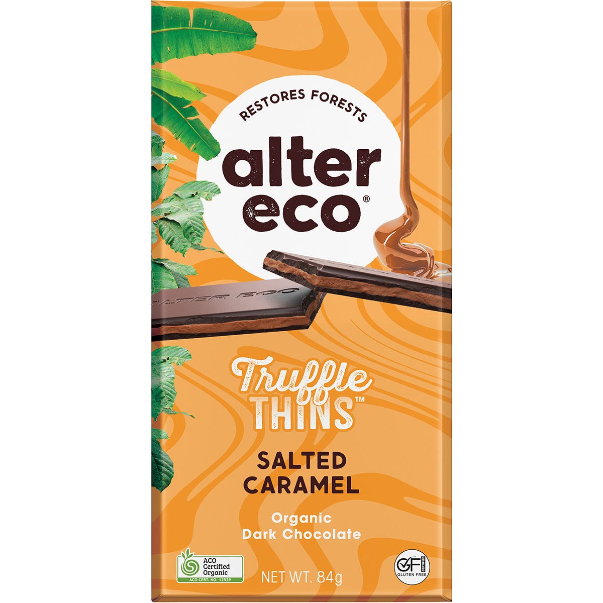 Box of 12 Alter Eco Organic Salted Caramel Dark Truffle Thins 84g featuring a dark chocolate caramel design.