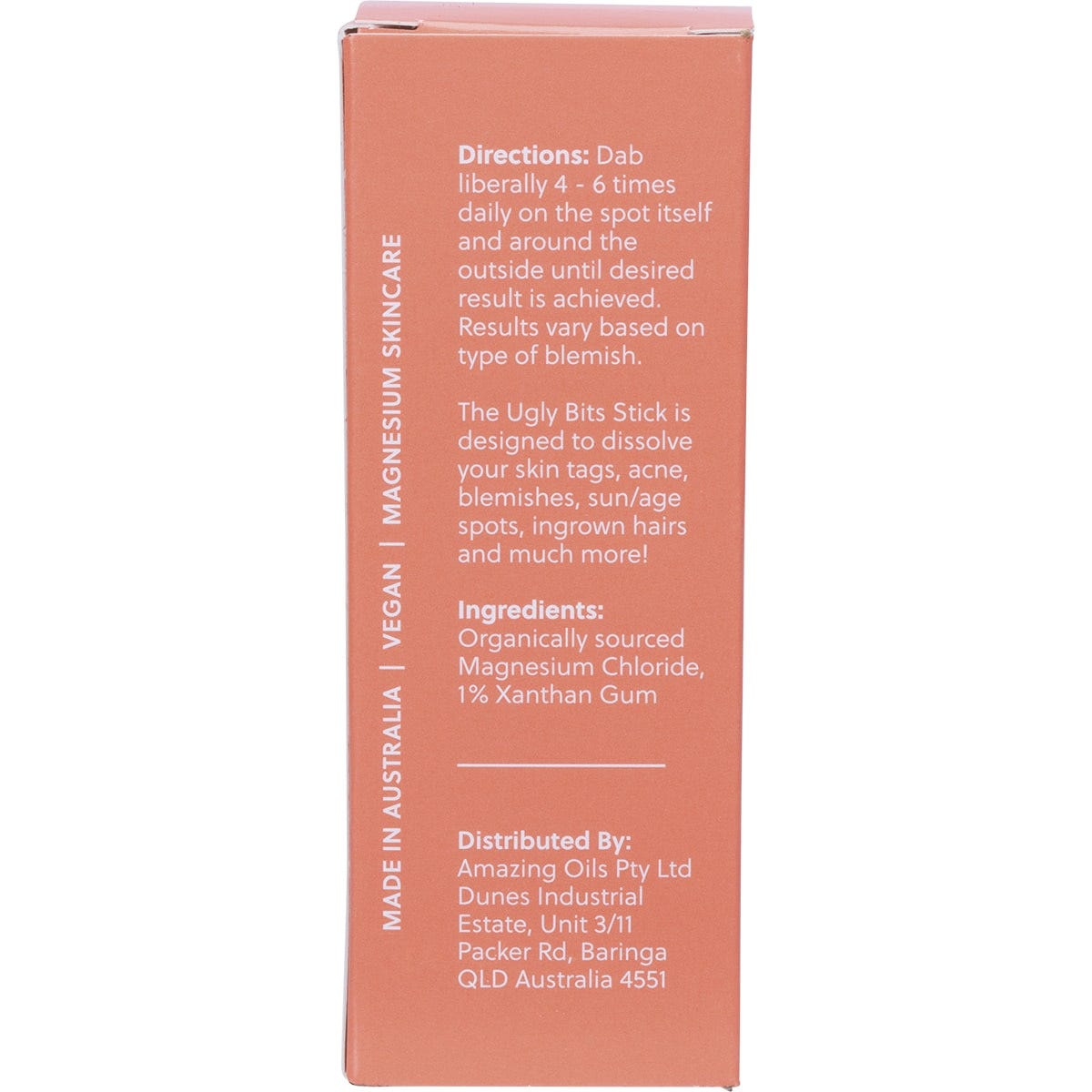 Back of Amazing Oils Ugly Bits Stick box showing directions, ingredients, and product benefits.