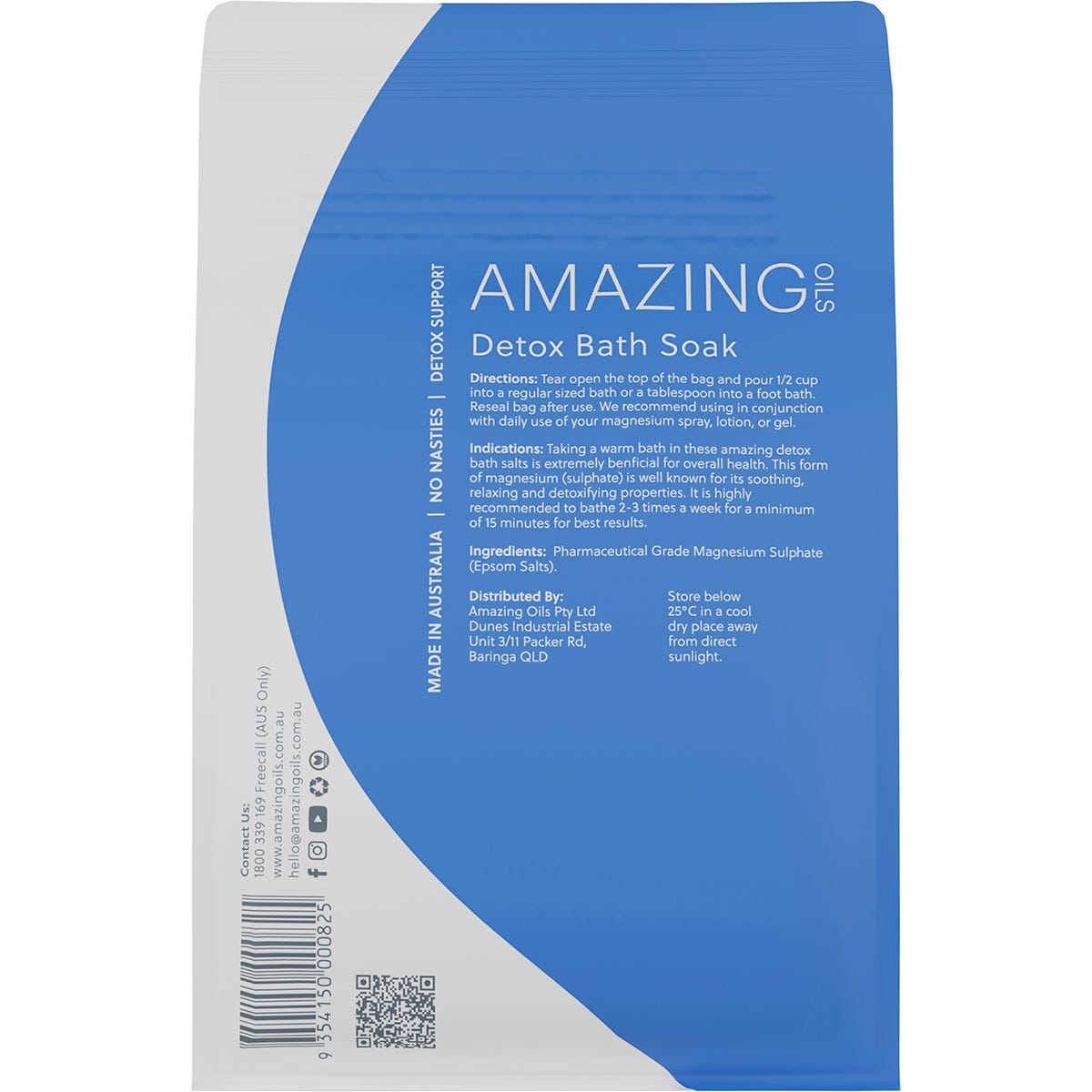 1kg bag of Amazing Oils Epsom Salts Detox Bath Soak with pure magnesium sulphate on a white background.