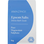 1kg bag of Amazing Oils Epsom Salts Detox Bath Soak with pure magnesium sulphate and Australian made logo.