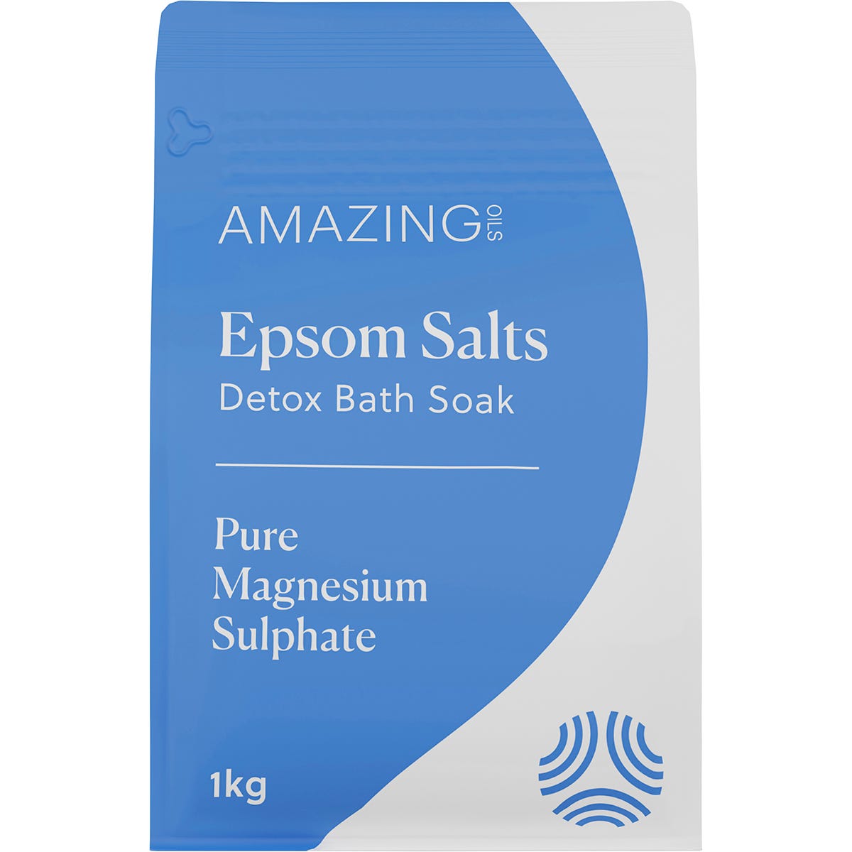 1kg bag of Amazing Oils Epsom Salts Detox Bath Soak with pure magnesium sulphate and Australian made logo.