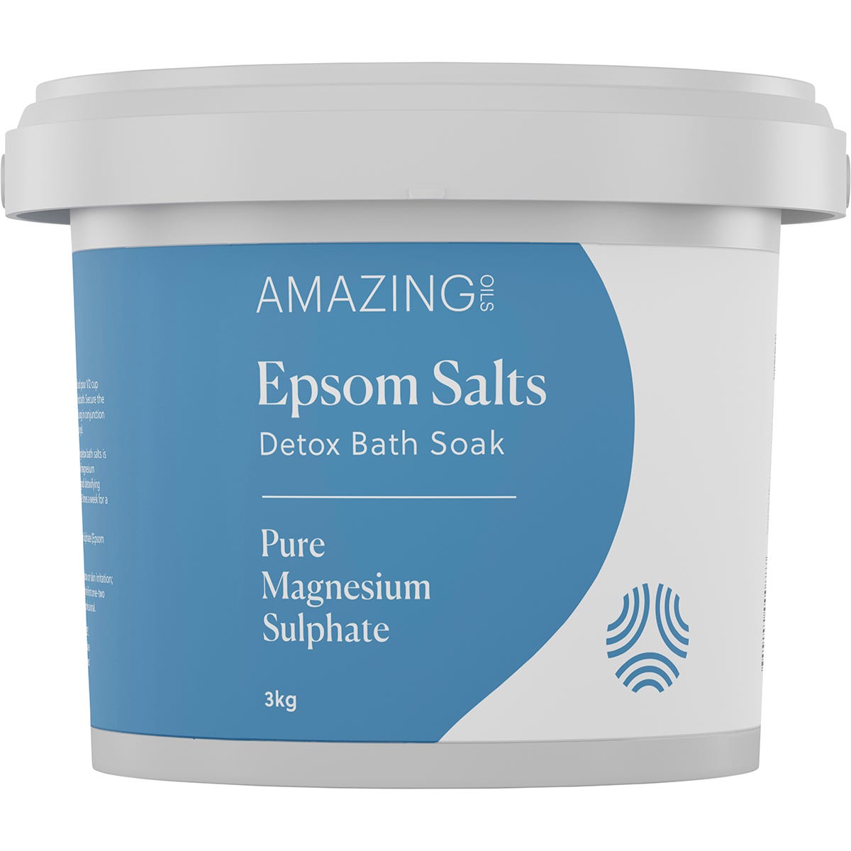 3kg bag of Amazing Oils Epsom Salts Detox Bath Soak featuring pure magnesium sulphate on a white background.