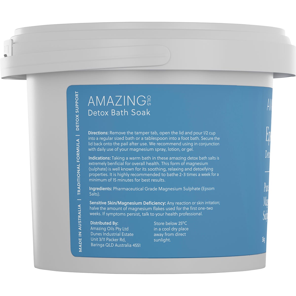 3kg bag of Amazing Oils Epsom Salts Detox Bath Soak with pure magnesium sulphate on a white background.