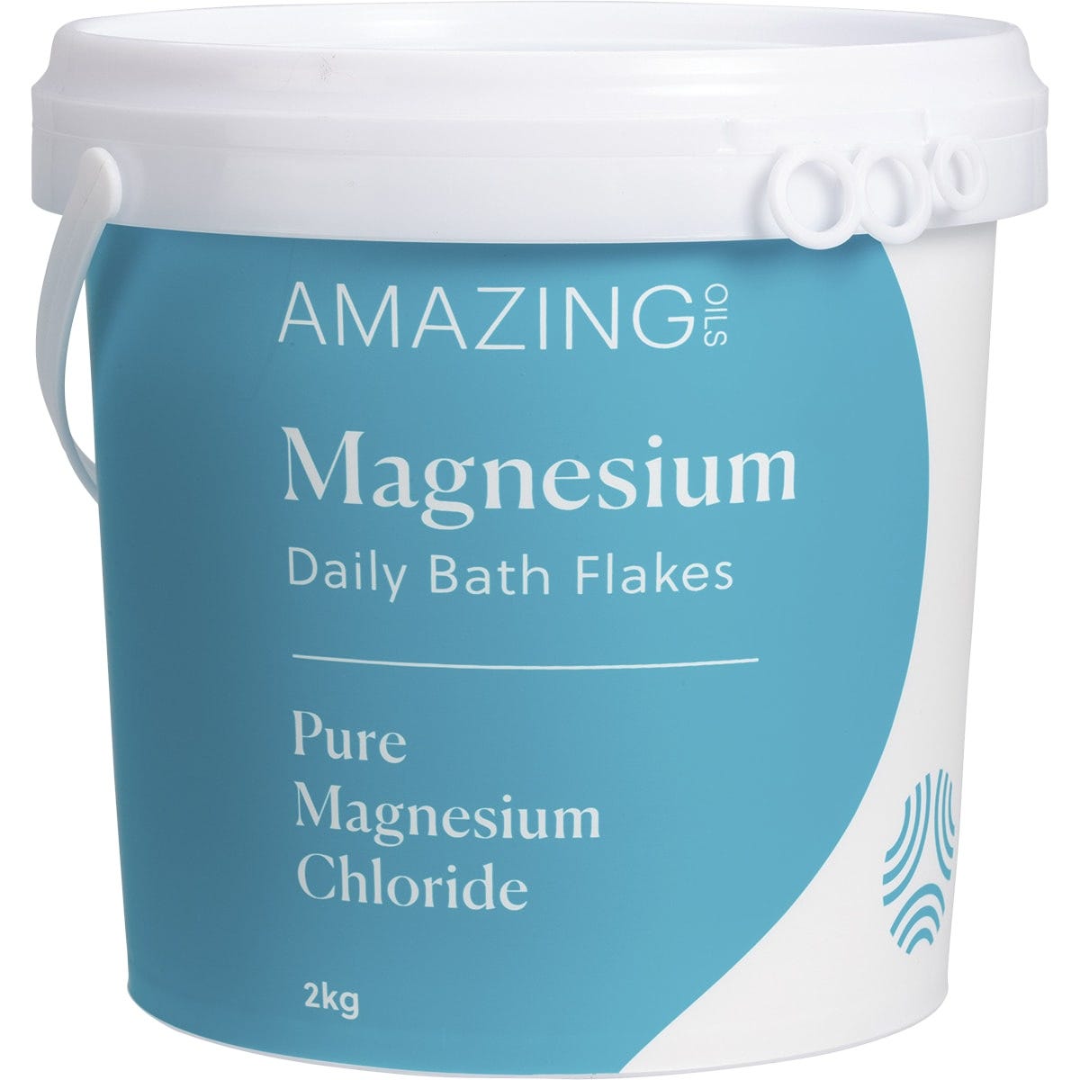 2kg tub of Amazing Oils Magnesium Daily Bath Flakes with pure magnesium chloride and a blue and white label.